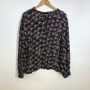 Sanctuary Womens Black Ditsy Floral Split Neck Tie Blouse Long Sleeve Smocked L